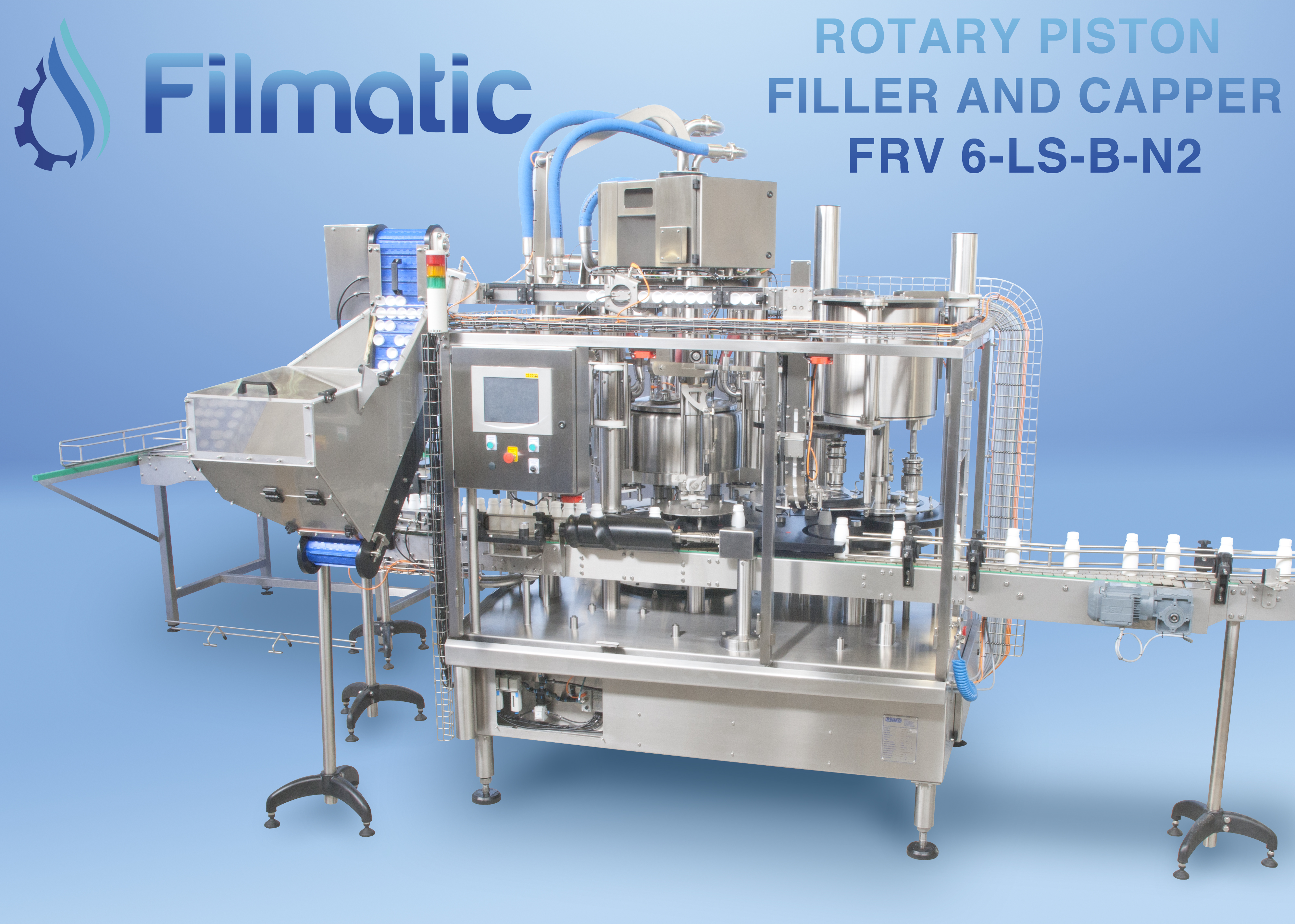 Rotary gravity, piston, nett-weigh filler/cappers