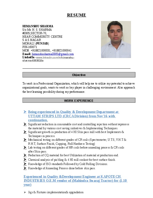 HIMANSHU SHARMA, QUALITY ENGINEER at MAHINDRA & MAHINDRA SWARAJ TRACTORS