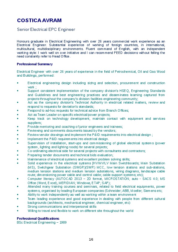 COSTICA AVRAM, Senior Electrical Engineer at TECNICAS REUNIDAS