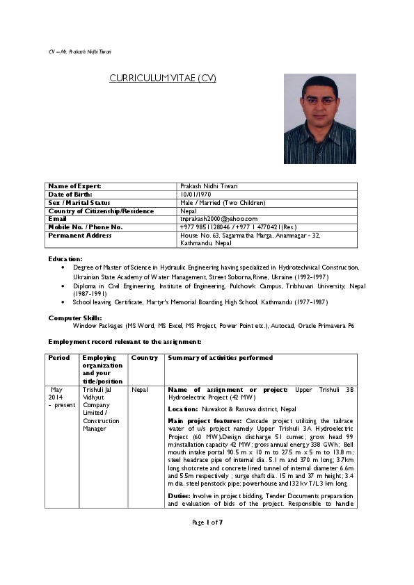 Prakash Nidhi Tiwari, Construction Manager