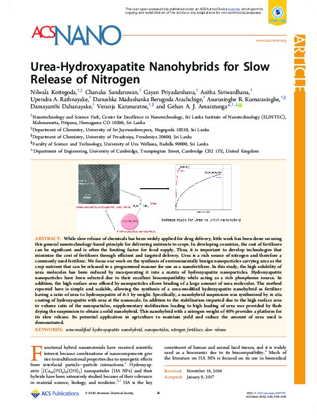 Urea-Hydroxyapatite Nanohybrids for Slow Release of Nitrogen