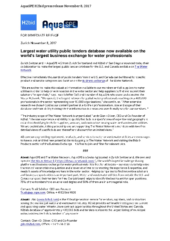 &nbsp; FOR IMMEDIATE RELEASEZurich November 8, 2017Largest public tender database for water utilities now available on The Water Network's b...