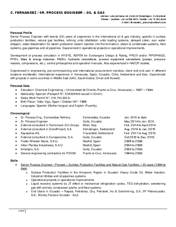 Cristobal Fernandez, C Fernandez Salgado - Senior Process Engineer - Senior Process Engineer
