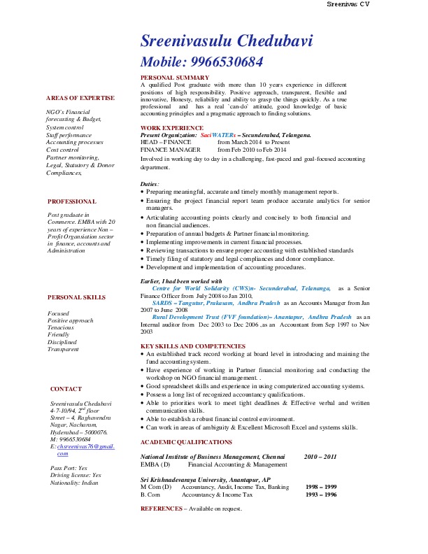 CHEDUBAVI SREENIVASULU, Senior Program  Officer - Finance at Centre for World Solidarity  (CWS)