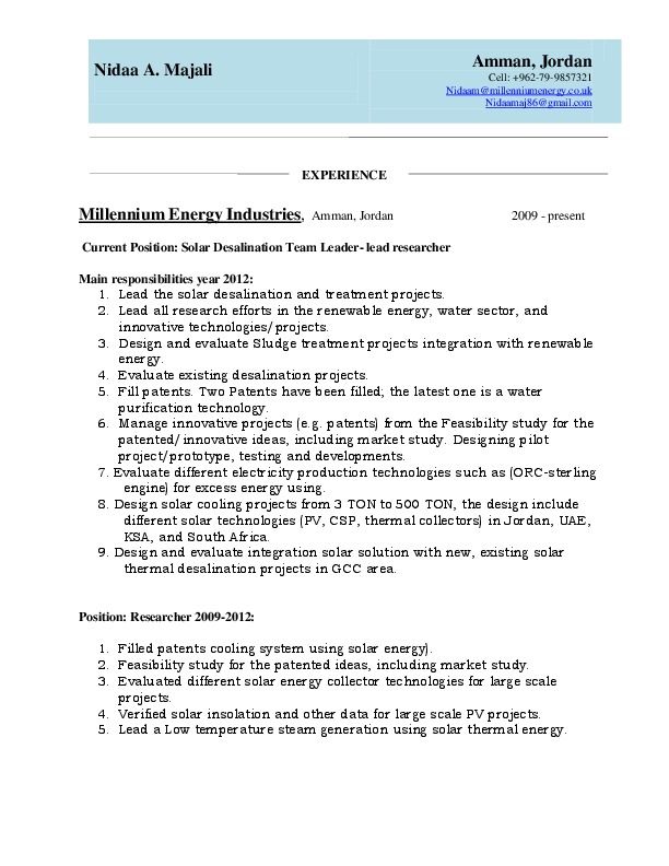 Nidaa Majali, Millennium Energy Industries - Solar Desalination/ Treatment Team Leader