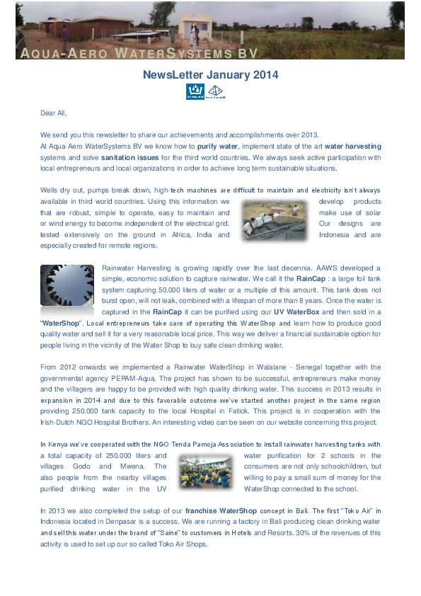 Aqua-Aero WaterSystems NewsLetter January 2014