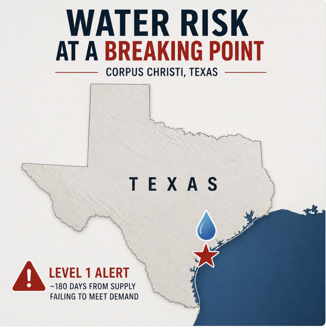 THE FIRST U.S. CITY TO RUN OUT OF WATER. THIS ISN&rsquo;T A PREDICTION&hellip;IT&rsquo;S A TIMELINE. April 27, 2026Corpus Christi, TX. 500,000+ people. One o...