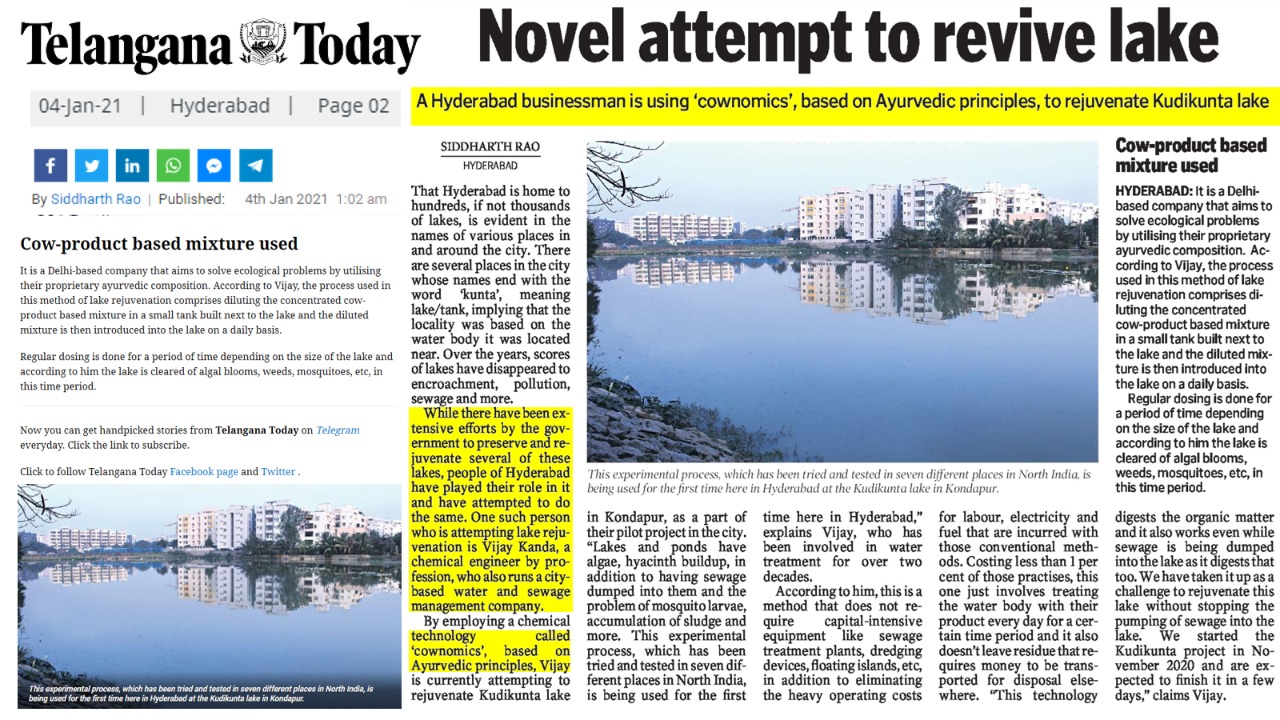 Our KudiKunta Lake Rejuvenation Project in Hyderabad has been covered by the Hyderabad newspaper Telangana Today on page -2 of their Hyderabad e...