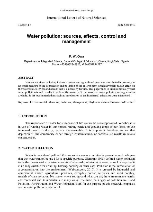 Water Pollution: Sources, Effects, Control and Management
