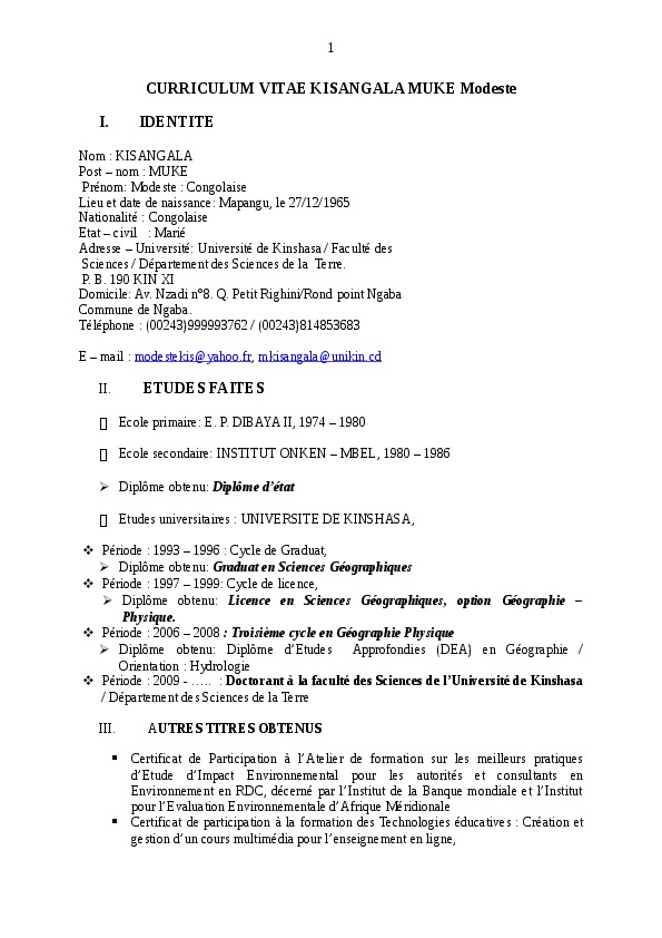 Modeste KISANGALA MUKE, Université de Kinshasa (R.D.Congo) - Enseignant - Chercheur