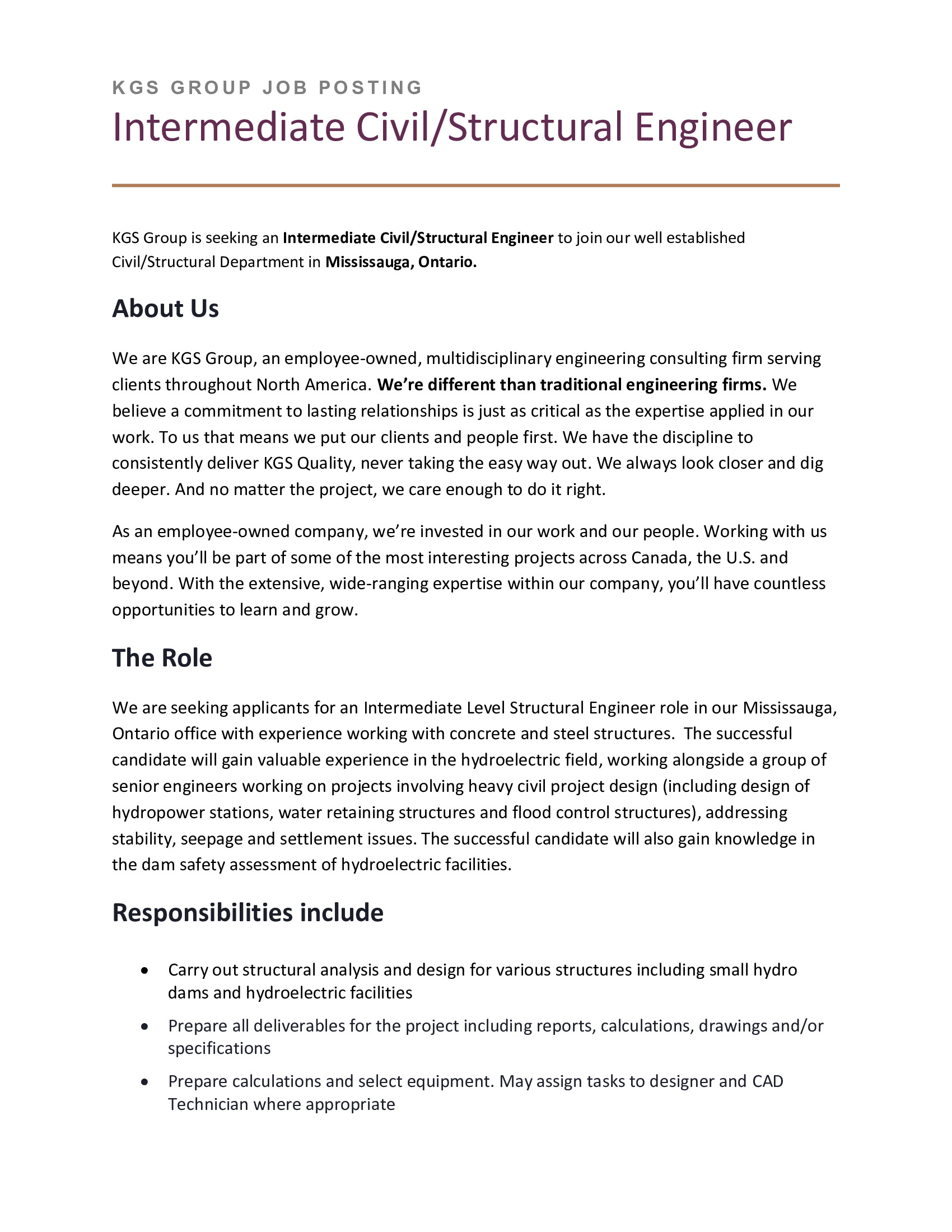 Intermediate Civil/Structural Engineer | KGS Group