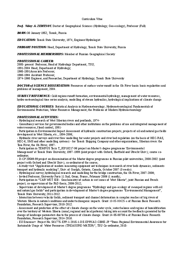 Valerii Zemtsov, Head of Hydrology Department, Professor at Tomsk State University