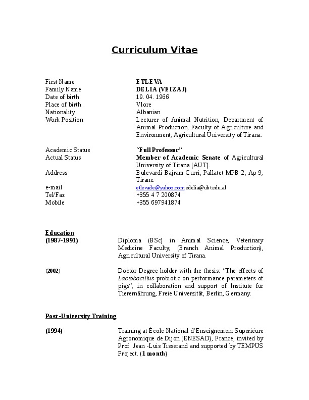 Etleva DELIA, Full Professor at Agricultural University of Tirana, Albania