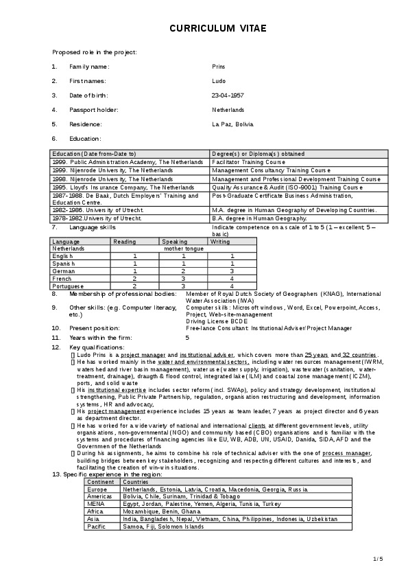 Ludo Prins, Free-lance consultant - Team Leader/Institutional and Planning Adviser