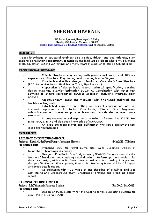 Shekhar Hiwrale, Engineering Manager at Reliance Industries Ltd.