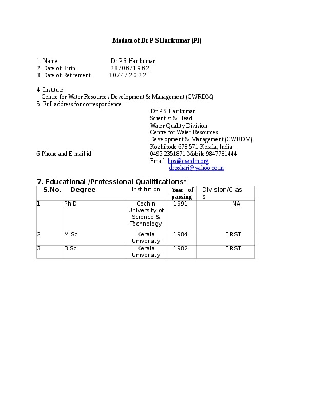 Harikumar PS, Centre for Water Resources Development and Management - Scientist