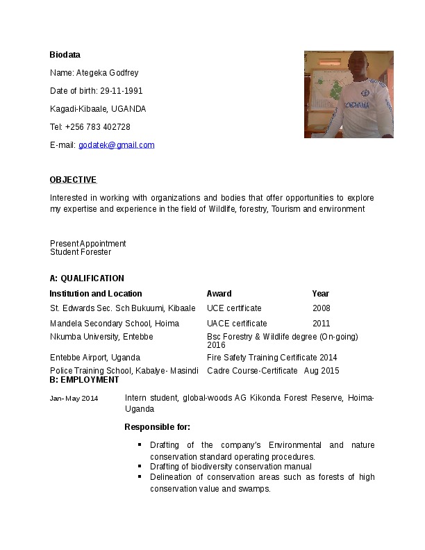 Godfrey Ategeka, Student Forester at [object Object]Global-Woods AG, Kikonda Forest Reserve