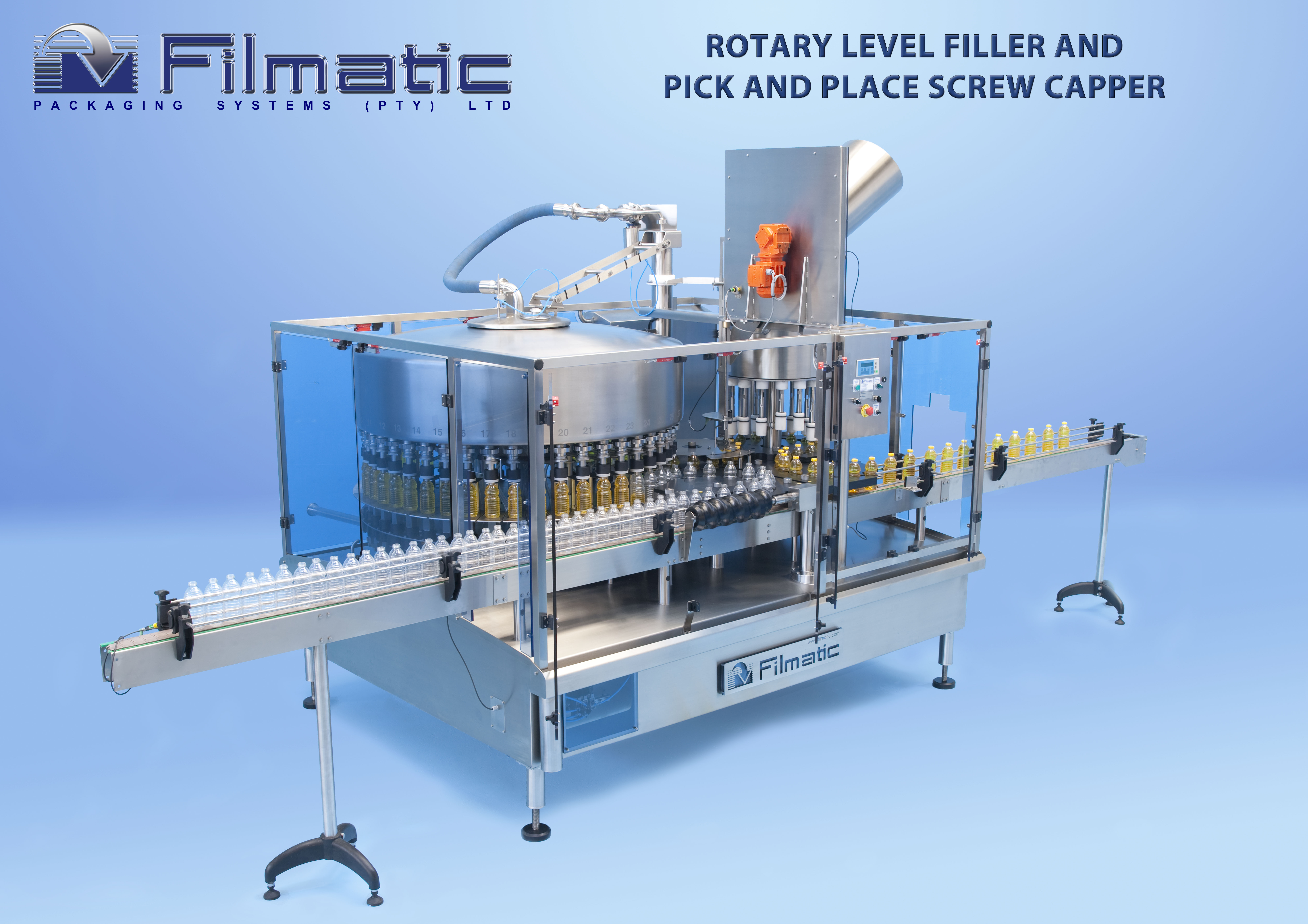 Rotary gravity, piston, nett-weigh filler/cappers