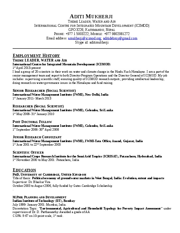 Aditi Mukherji, International Centre for Integrated Mountain Development, Kathmandu, Nepal - Theme Leader, Water and Air