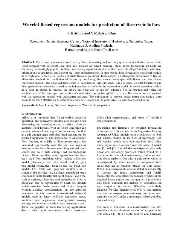 Wavelet Based regression models for prediction of Reservoir Inflow