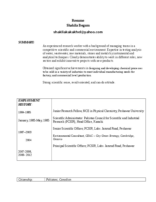 Shakila Begum, Pakistan Council of Scientific and Industrial Research - Principle Scientific Officer