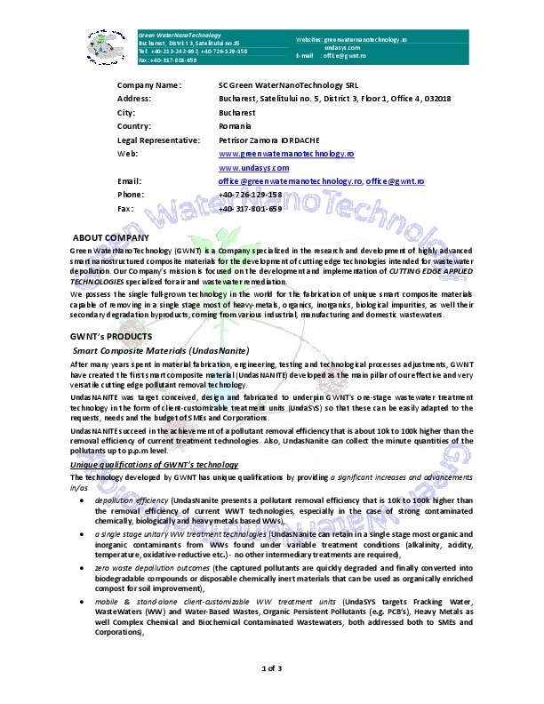 IORDACHE Petrisor Zamora, CEO, CTO at SC Green WaterNanoTechnology SRL