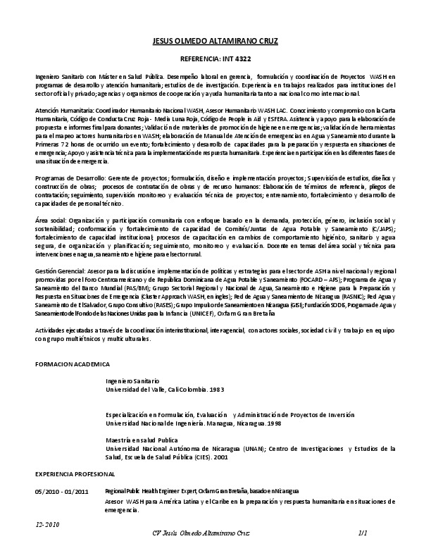 Jesus Olmedo Altamirano Cruz, OXFAM - Asesor Regional en Agua, Saneamiento y Promocion en Salud 