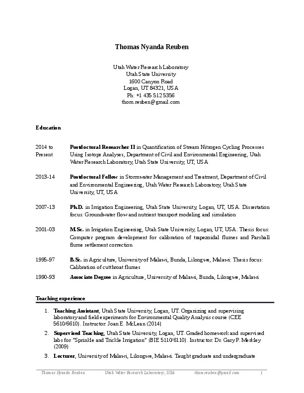 Thomas Reuben, Utah Water Research Laboratory, Utah State University - Postdoctoral Research Associate