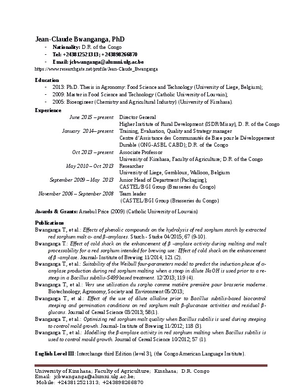 Jean-Claude Bwanganga, Director General at Higher Institute of Rural Development (ISDR-Misay, DR Congo)