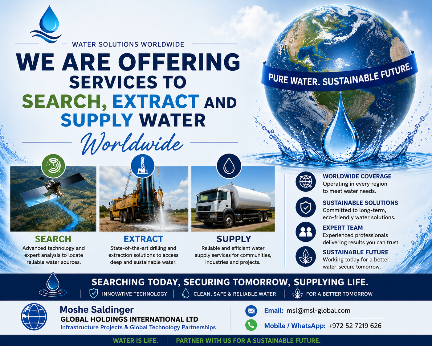We will construct a pilot borehole to prove the technology, the quantity/capacity and the quality of the water. Send an email to: msl@msl-global...