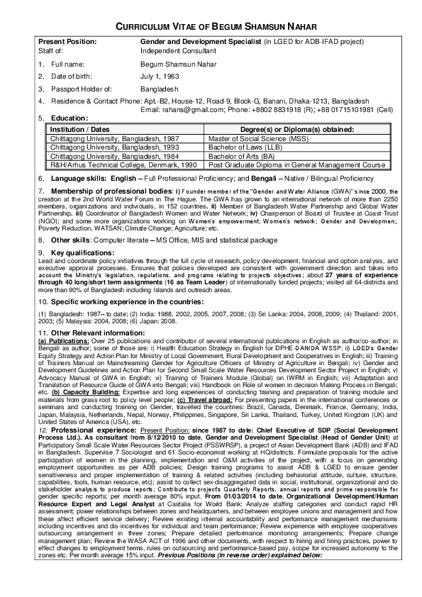 Begum Nahar, Social Development Process Ltd. (SDP) - Chief Executive