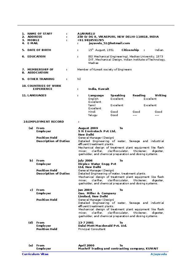 JAYAVELU MDR, FREELANCE - CONSULTANT