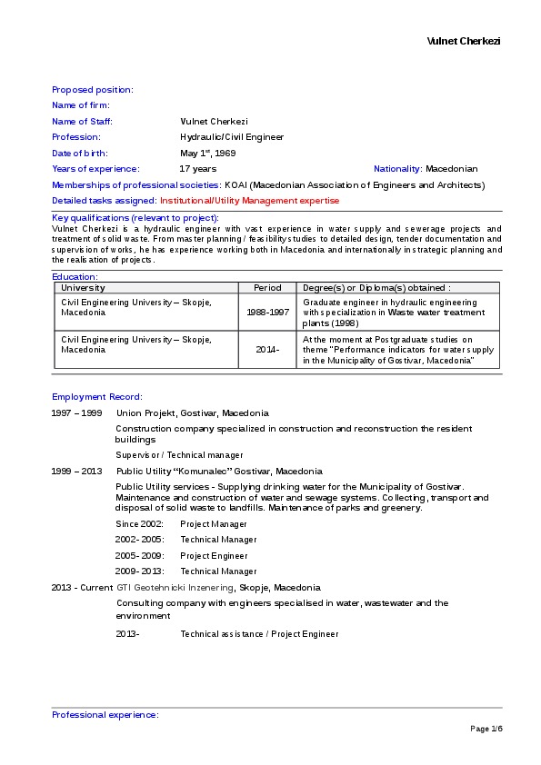 Vulnet Cherkezi, Civil Engineer