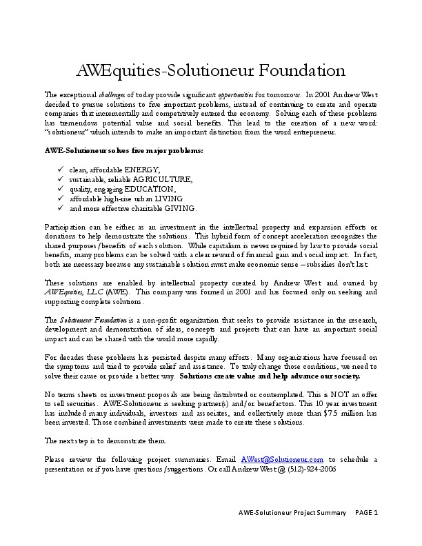 Andrew West, AWEquities & Solutioneur Foundation - Founder - Manager