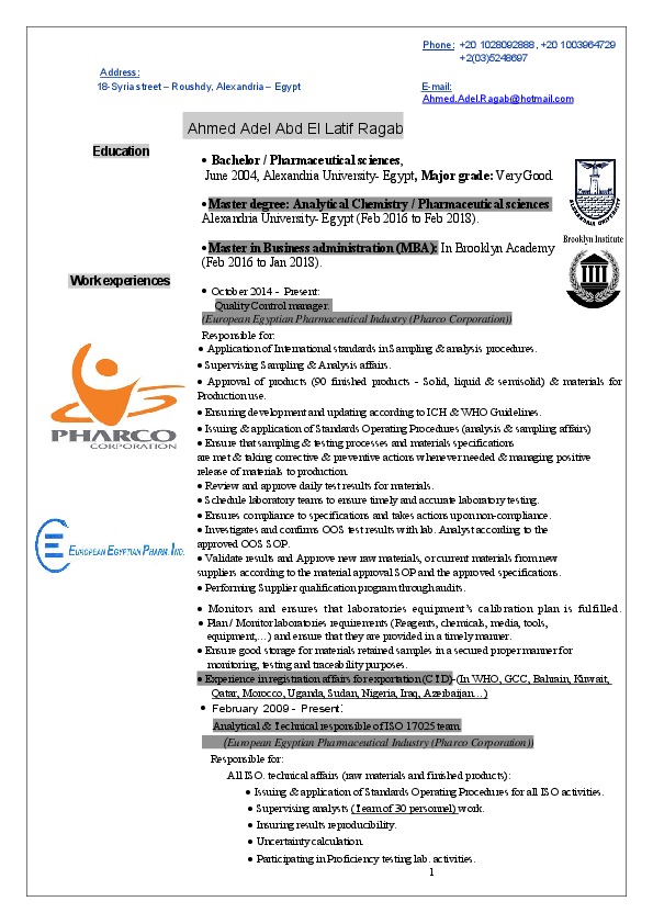 Ahmed Ragab, Quality Control Manager