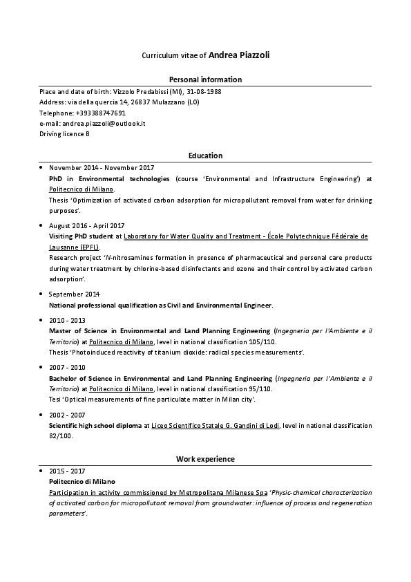 Andrea Piazzoli, PhD student in Environmental technologies