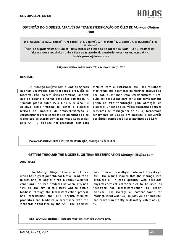 OBTEN&Ccedil;&Atilde;O DO BIODIESEL ATRAV&Eacute;S DA TRANSESTERIFICA&Ccedil;&Atilde;O DO &Oacute;LEO DE Moringa Ole&iacute;fera Lam in Brazil