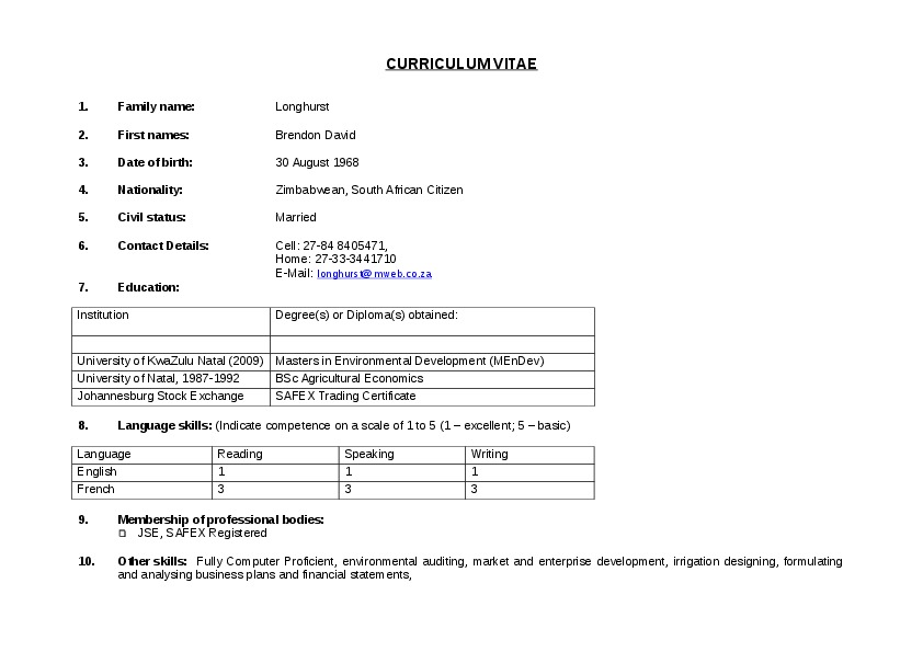 Brendon Longhurst, Self - Environmental and agricultural development consultant