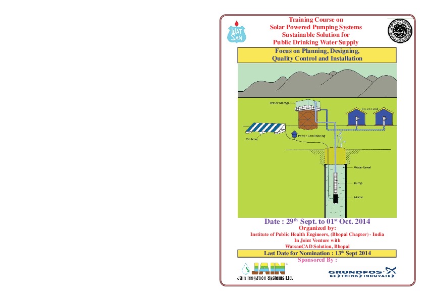 Three Day Short Term Training Course on Solar Powered Pumping System - Sustainable Solution for Drinking Water Supply at Bhopal Madhya Pradesh, ...
