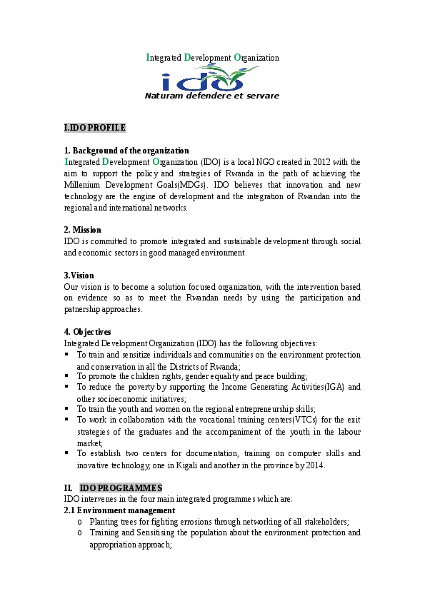 Fidele Mutware, Integrated Development Organization(IDO) - Coordinator