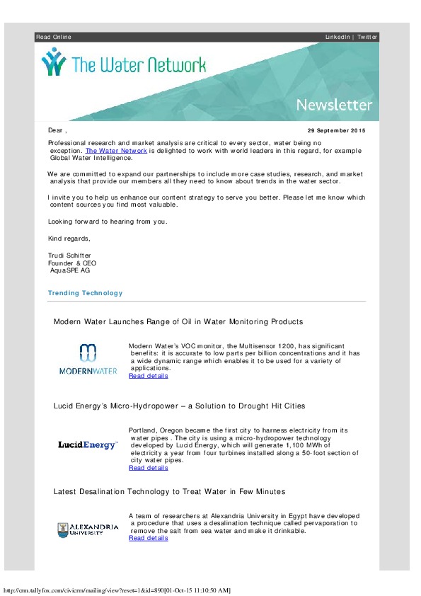 The Water Network Newsletter - 2015-09-29