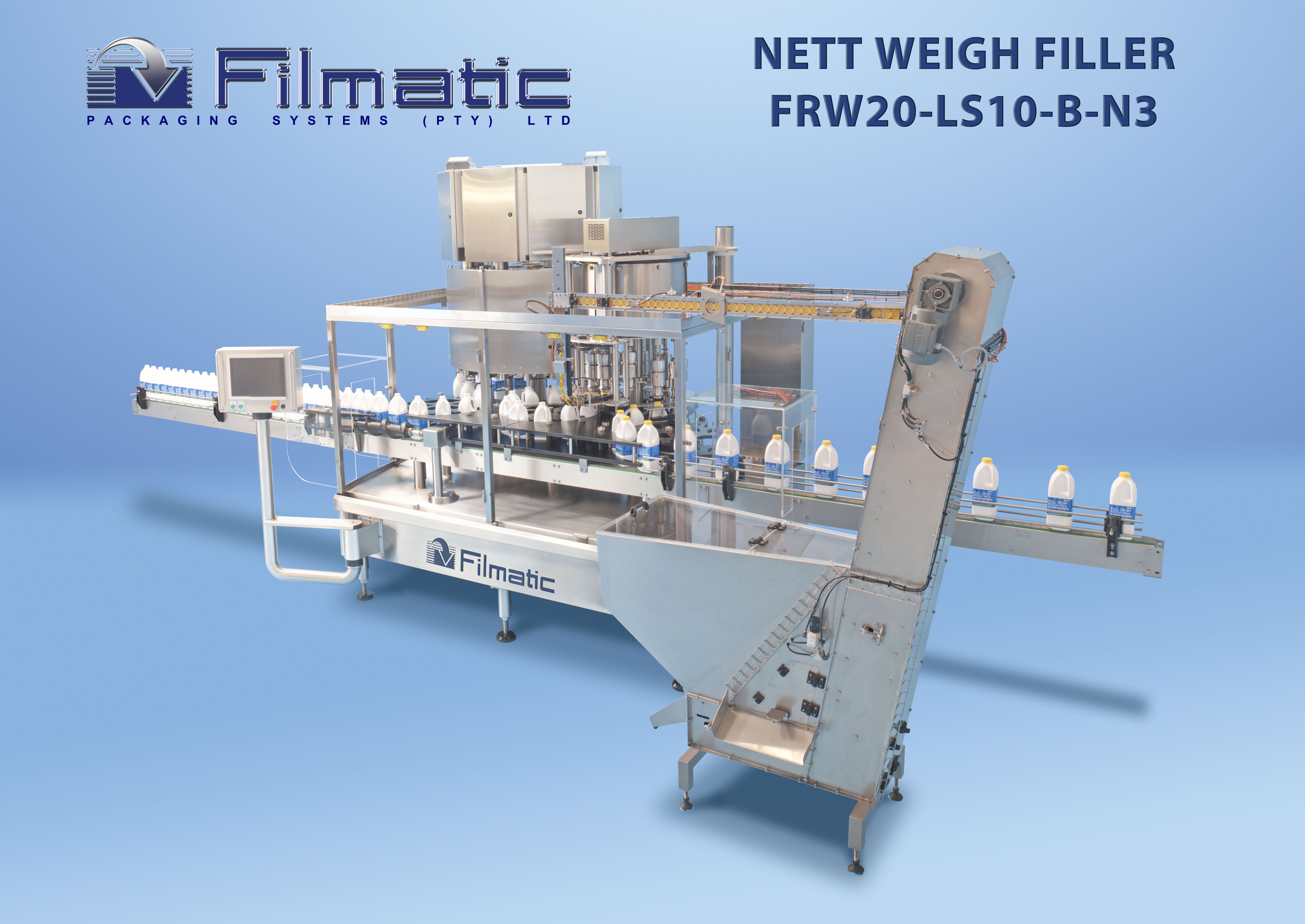 Rotary gravity, piston, nett-weigh filler/cappers