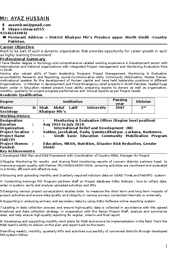 Ayaz Hussain Hussain, Monitoring & Evaluation Professional