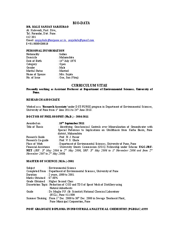 sanjay kale, University of Pune - Assistant Professor