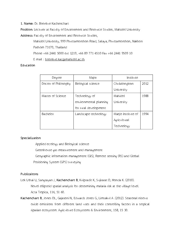 boonlue kachenchart, Faculty of Environment and Resource Studies, Mahidol University - Lecturer