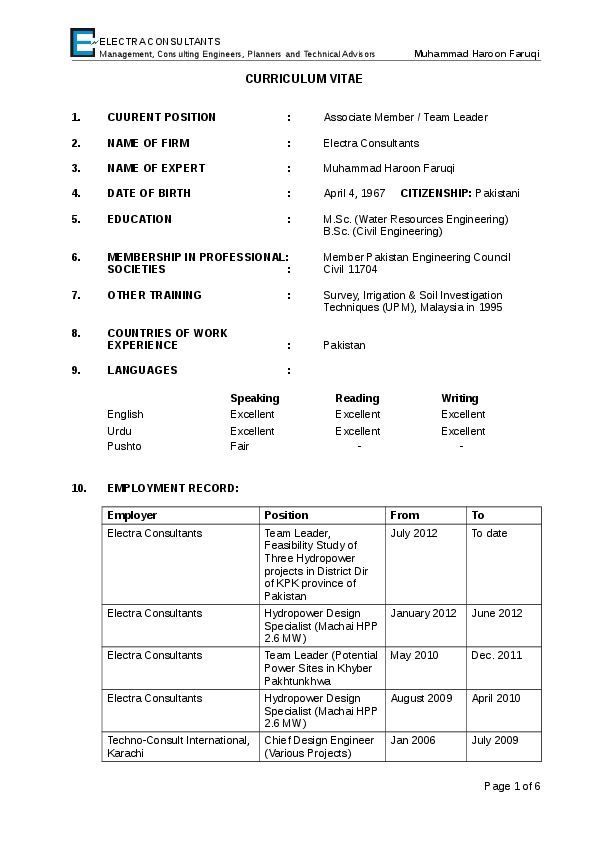 Muhammad Haroon Faruqi, Electra Consultants, Peshawar,Pakistan - Associate Member / Water Resources Engineer
