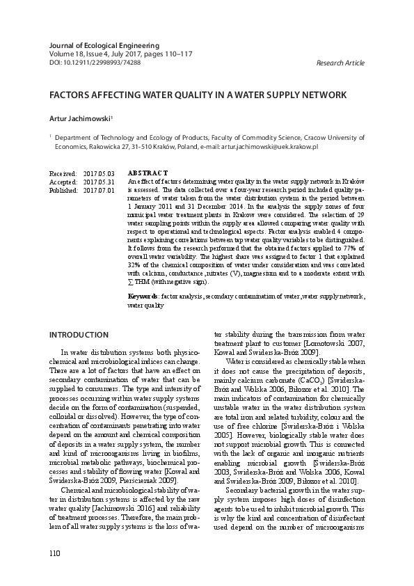 Factors Affecting Water Quality in a Water Supply Network, 2017