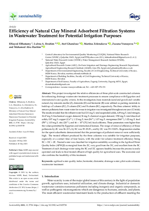My last paper:Efficiency of Natural Clay Mineral Adsorbent Filtration Systems in Wastewater Treatment for Potential Irrigation Purposes. See ful...
