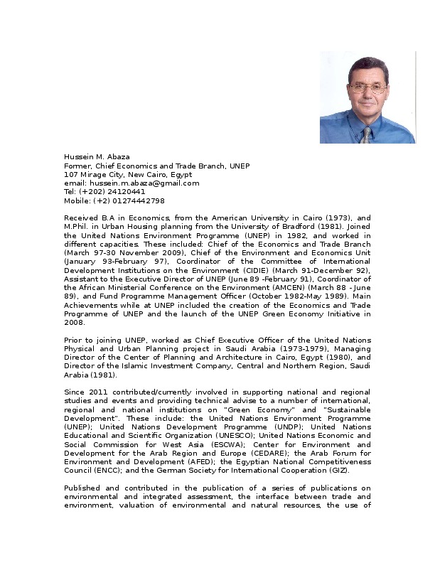 Hussein Abaza, Former UNEP - Former Chief Economics and Trade Branch