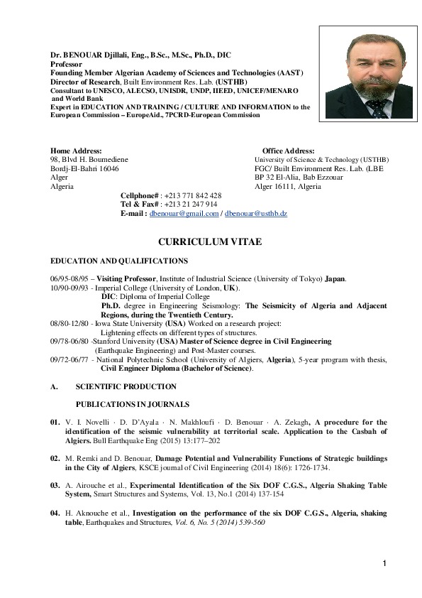 Djillali Benouar, Professor Disaster Risk Management